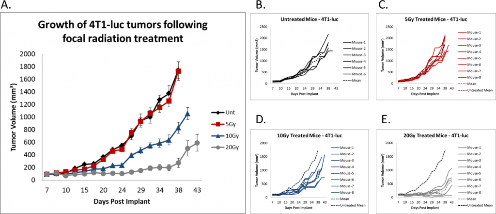 Figure 2: Tumor cells were implanted into the mammary fat pad of female Balb/C mice. At a mean tumor volume of ~100-150mm3 mice were untreated or treated with a single dose of 5, 10 or 20Gy as indicated on day 7. A, group mean tumor volumes over time. B, individual tumor volumes for untreated control mice over time. C, individual tumor volumes for 5Gy treated mice over time. D, individual tumor volumes for 10Gy treated mice over time. E, individual tumor volumes for 20Gy treated mice over time. In B-E the black dashed line indicates mean tumor volume of untreated group over time. In C-E, the colored dashed line is the mean tumor volume of the indicated group.